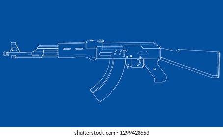 Machine Gun. Vector rendering of 3d. Wire-frame style. The layers of visible and invisible lines are separated