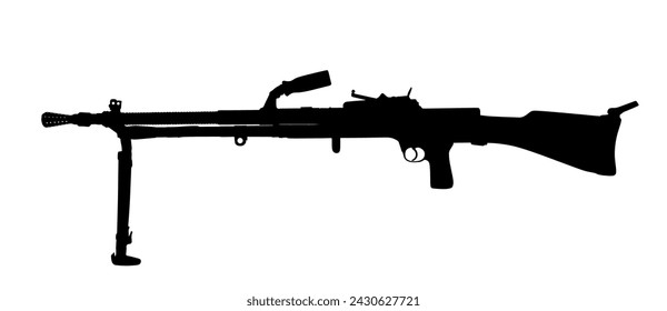 Machine gun vector silhouette illustration isolated on white background. Deadly powerful army weapon. Military rifle symbol.