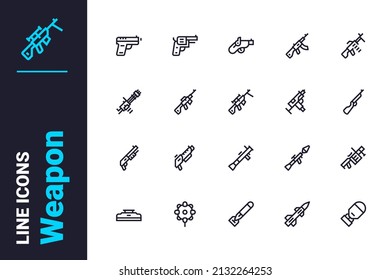 Los iconos de pistolas de ametralladora y pistolas establecen la ilustración del vector. Diferentes tipos de rifle, icono de la línea de la pistola. Guerra, protección y concepto militar