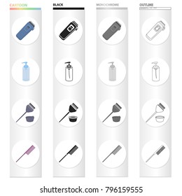 The machine for a hairstyle, a liquid for stacking, a brush for painting of hair, a comb. Barbershop set collection icons in cartoon black monochrome outline style vector symbol stock illustration web