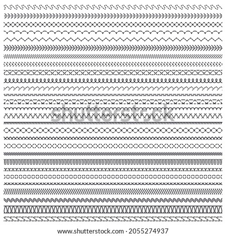 Machine and hand crafted sewing stitch borders. Embroidery stitching machine, overlock stripe, zigzag sew, vector illustration set. Sewing stitch element. Geometric stitch thread edge