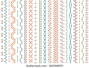 Machine and hand stitches set. Fashionable textured thread handicraft geometric tracery ethnic decoration with triangular intersecting stitching limitless binding. Vector endless zigzag.