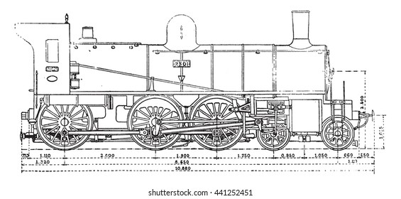 Machine has three axles and the bogie couples, the Western Railway, vintage engraved illustration. Industrial encyclopedia E.-O. Lami - 1875.
