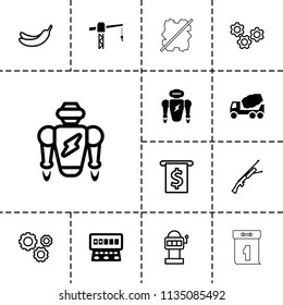 Machine icon. collection of 13 machine filled and outline icons such as construction crane, concrete mixer, banana, robot. editable machine icons for web and mobile.