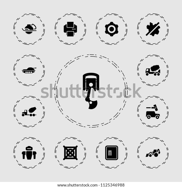 Machine icon.\
collection of 13 machine filled icons such as atm, no wash, no dry\
cleaning, concrete mixer, excavator, electric saw. editable machine\
icons for web and\
mobile.