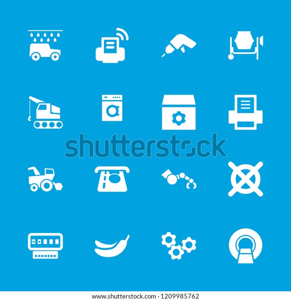 Machine icon.\
collection of 16 machine filled icons such as atm money withdraw,\
banana, gear, printer, tractor, car wash. editable machine icons\
for web and mobile.