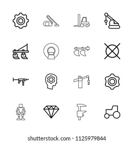 Machine icon. collection of 16 machine outline icons such as tractor, diamond, no dry cleaning, crane, gear, gear in head. editable machine icons for web and mobile.