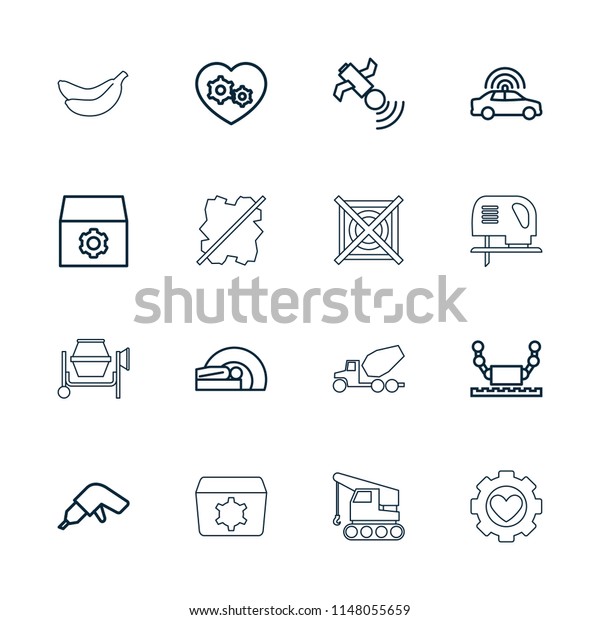 Machine icon.\
collection of 16 machine outline icons such as police car, gear,\
drill, robot, gear heart, satellite, mri, banana. editable machine\
icons for web and\
mobile.