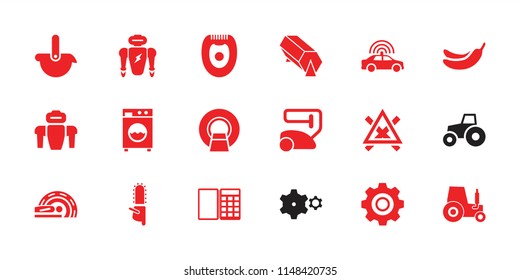 Machine icon. collection of 18 machine filled icons such as police car, banana, vacuum cleaner, chainsaw, mri, gear, robot, tractor. editable machine icons for web and mobile.