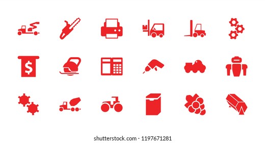 Machine icon. collection of 18 machine filled icons such as grape, printer, chain saw, forklift, atm, money in atm, lottery. editable machine icons for web and mobile.