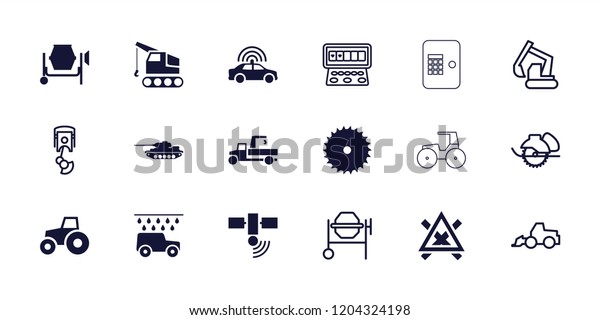 Machine icon.\
collection of 18 machine filled and outline icons such as police\
car, tank, excavator, concrete mixer, electric saw. editable\
machine icons for web and\
mobile.
