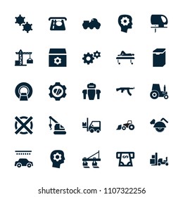 Machine icon. collection of 25 machine filled icons such as tractor, construction crane, atm money withdraw, car wash, gear in head. editable machine icons for web and mobile.