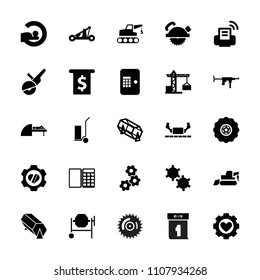 Machine icon. collection of 25 machine filled icons such as construction crane, lottery, saw blade, concrete mixer, excavator. editable machine icons for web and mobile.