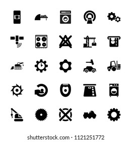 Machine icon. collection of 25 machine filled icons such as gear, construction crane, car wash, cooker, no bleaching, blade saw. editable machine icons for web and mobile.