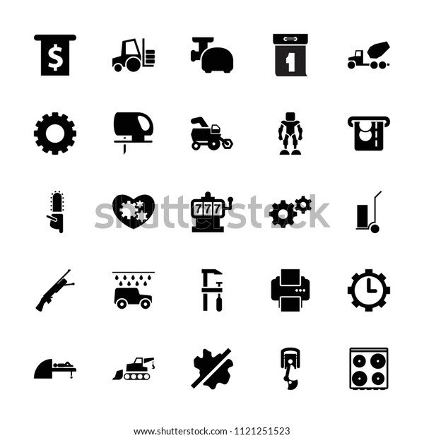 Machine icon.\
collection of 25 machine filled icons such as gear, tractor, no\
wash, cooker, electric saw, chainsaw, cart cargo, mri. editable\
machine icons for web and\
mobile.