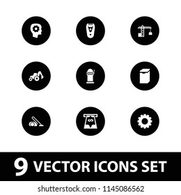 Machine icon. collection of 9 machine filled icons such as gear, electric razor, gear in head, construction crane, vacuum cleaner. editable machine icons for web and mobile.