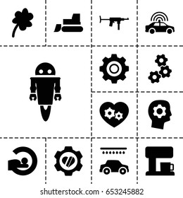 Machine icon. set of 13 filled machineicons such as police car, clover, car wash, tractor, mri, heart in gear, gear heart, coffee machine, robot