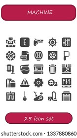 machine icon set. 25 filled machine icons.  Simple modern icons about  - Robot, Typing, Gun, Wheel, Settings, Casino, Cmyk, Pedal, Saw, Compressor, Coffee pot, Arcade game, Pulley