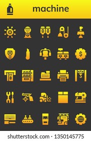machine icon set. 26 filled machine icons.  Collection Of - Settings, Detergent, Machine, Cartridge, Pulley, Latte, Cutter, Gym station, Cash register, Gear, Atm, Vending