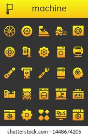 machine icon set. 26 filled machine icons.  Collection Of - Wheel, Saw, Settings, Bumper car, Forklift, Compressor, Gear, Washing machine, Printer, Suspension, Atm, Ripper, Dishwasher