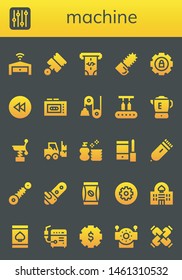 machine icon set. 26 filled machine icons.  Simple modern icons about  - Garage, Settings, Pistons, Atm, Chainsaw, Backward, Recorder, Pulley, Conveyor, Blender, Spring, Forklift