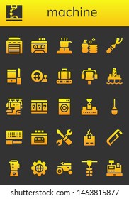 machine icon set. 26 filled machine icons.  Collection Of - Garage, Printer, Recorder, Cooker, Wash, Ripper, Configuration, Steering wheel, Conveyor, Gym station, Oil pump, Sewing machine