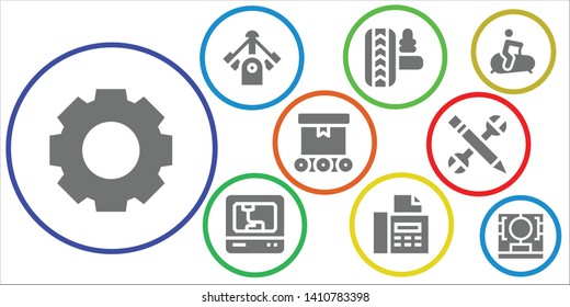 conjunto de iconos de máquina. 9 iconos de máquina rellenos.  Iconos modernos sencillos sobre: Configuración, Motor, Suspensión, Impresora 3d, Fax, Transmisor, Configuración, Bicicleta Estacionaria, Escáner de impresión 3d