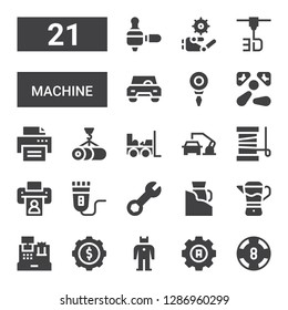 machine icon set. Collection of 21 filled machine icons included Casino, Settings, Robot, Cogwheel, Cash register, Mixer, Laser, Wrench, Electric shaver, Printer, Yarn, Robot arm