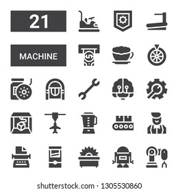 machine icon set. Collection of 21 filled machine icons included Robot arm, Robot, Saw, Guillotine, Typewriter, Croupier, Conveyor, Blender, d printer, Setting, Artificial intelligence