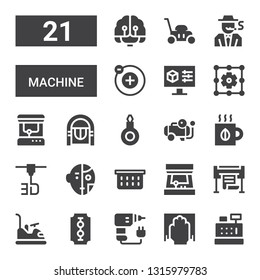 machine icon set. Collection of 21 filled machine icons included Cashier, Cleaning, Drill, Blade, Bumper, Printer, Arcade machine, Laundry basket, Robot, d printer, Tea, Compressor