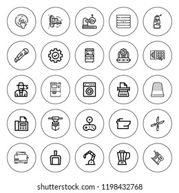 Machine icon set. collection of 25 outline machine icons with arcade machine, atm, bionic, blender, bidet, cutter, dishes, dustpan, fax, gambler icons. editable icons.