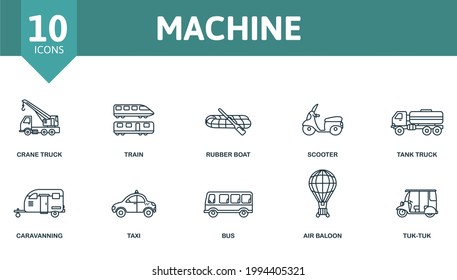 Machine icon set. Contains editable icons vehicle theme such as crane truck, rubber boat, tank truck and more.