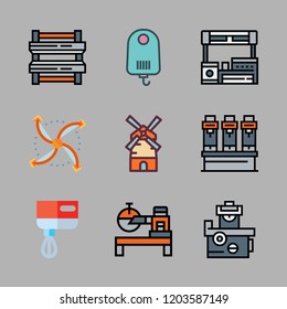 machine icon set. vector set about airscrew, mill, industrial robot and mixer icons set.
