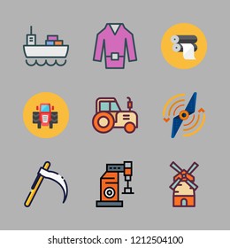 machine icon set. vector set about mower, coat, mill and tractor icons set.