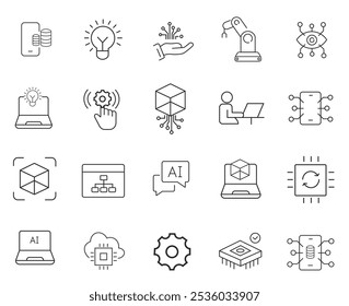 Iconos de la máquina Pixel perfecto. Sistema, cerebro, red. Vector	