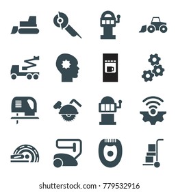 Machine icons. set of 16 editable filled machine icons such as vacuum cleaner, tractor, crane, electric saw, gear, gear connection, mri, electric razor, gear in head