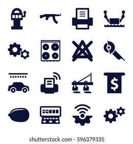machine icons set. Set of 16 machine filled icons such as tractor, Lemon, Slot machine, car wash, cooker, no bleaching, gear, electric saw, printer, robot, gear connection