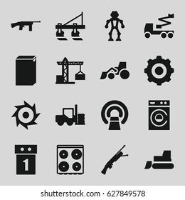 Machine icons set. set of 16 machine filled icons such as tractor, forklift, construction crane, washing machine, cooker, excavator, crane, MRI, gear    sign symb, saw