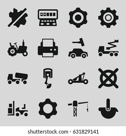 Machine Icons Set. Set Of 16 Machine Filled Icons Such As Tractor, Slot Machine, No Wash, Car Wash, No Dry Cleaning, Printer, Construction Crane, Concrete Mixer, Crane