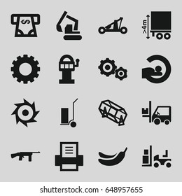 Machine icons set. set of 16 machine filled icons such as gear, banana, lottery, atm money withdraw, excavator, forklift, cart cargo, mri, cargo height, printer