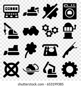 Machine Icons Set. Set Of 16 Machine Filled Icons Such As Gear, Clover, Atm Money Withdraw, Slot Machine, No Wash, No Dry Cleaning, Excavator, Tractor, Crane, Electric Saw