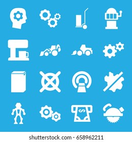 Machine icons set. set of 16 machine filled icons such as atm money withdraw, no wash, no dry cleaning, gear, saw blade, excavator, cart cargo, mri, gear    sign symb