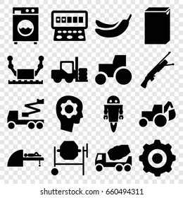 Machine icons set. set of 16 machine filled icons such as forklift, banana, slot machine, concrete mixer, excavator, tractor, crane, mri, gear in head 