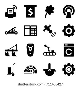 Machine icons set. set of 16 machine filled icons such as tractor, washing machine, electric razor, clover, cart cargo, mri, satellite, gear, gear    sign symb, printer