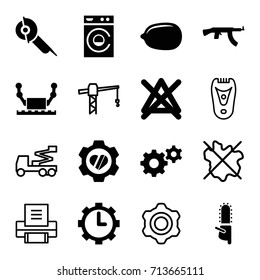 Machine icons set. set of 16 machine filled and outline icons such as lemon, washing machine, no bleaching, gear, electric saw, chainsaw, heart in gear, clock in gear