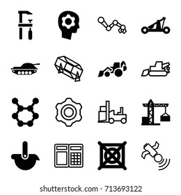 Machine icons set. set of 16 machine filled and outline icons such as construction crane, no dry cleaning, excavator, chainsaw, gear in head, robot, catapult, tank