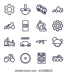 Machine icons set. set of 16 machine outline icons such as vending machine, lottery, car wash, blade saw, saw blade, excavator, tractor, forklift, gear
