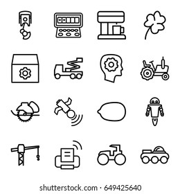 Machine icons set. set of 16 machine outline icons such as tractor, clover, lemon, gear in head, gear, construction crane, crane, electric saw, satellite, robot arm, printer