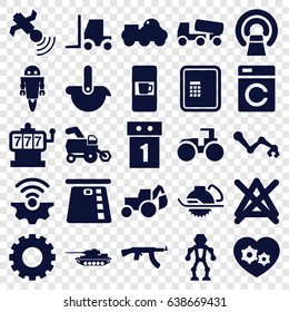 Machine icons set. set of 25 machine filled icons such as gear, tractor, vending machine, atm, no bleaching, excavator, concrete mixer, electric saw, mri, gear heart