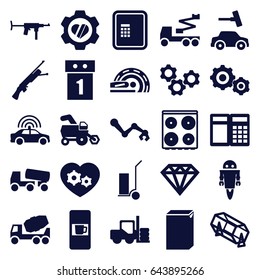 Machine icons set. set of 25 machine filled icons such as tractor, vending machine, police car, forklift, atm, diamond, lottery, car wash, cooker, concrete mixer, crane